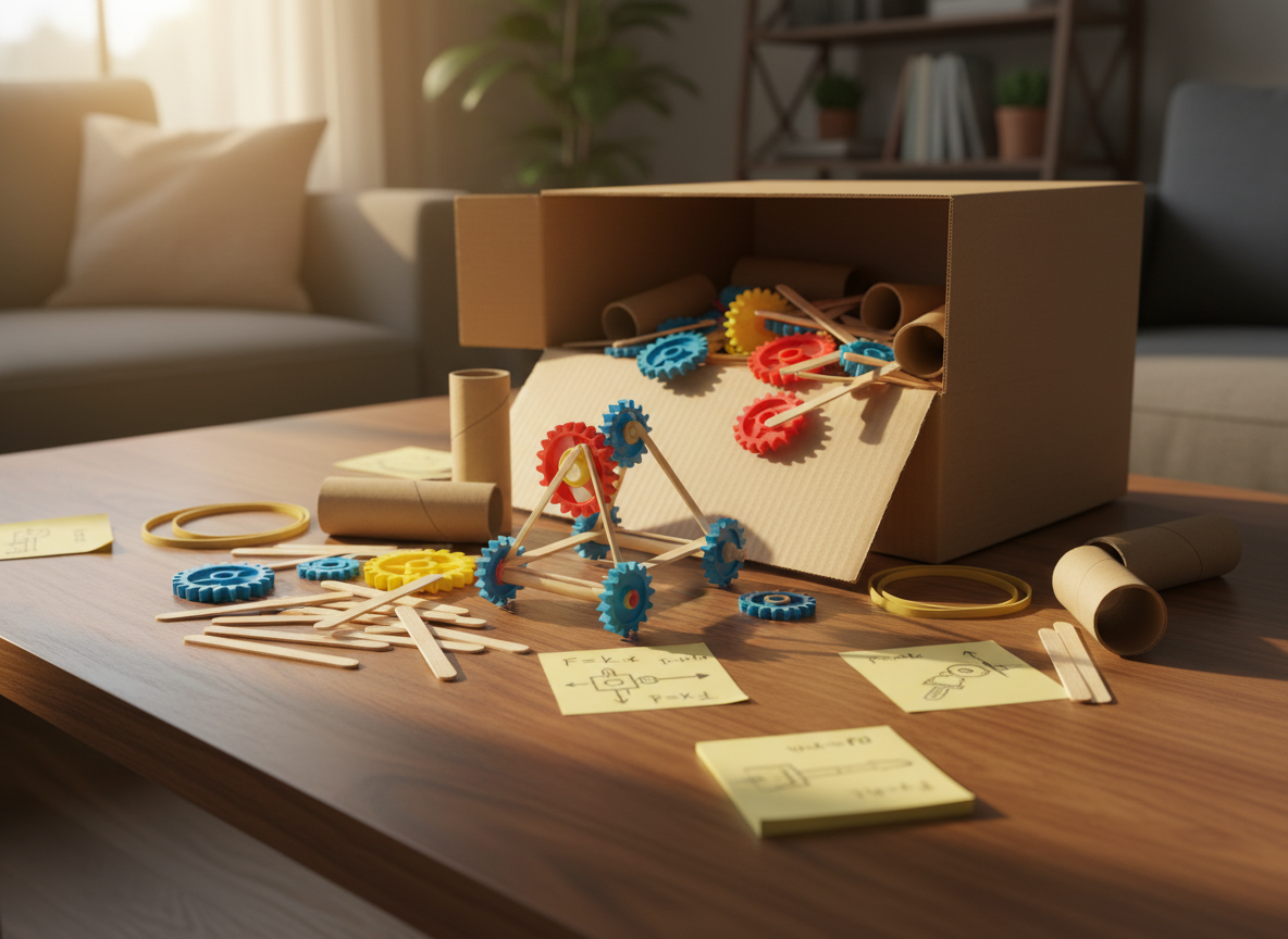 A tidy living room coffee table transformed into a mini engineering lab: an open cardboard box spilling out assorted building materials like bright plastic gears, wide rubber bands, craft sticks, and cardboard tubes. At the center, a half-assembled, whimsical rubber-band-powered car sits on the table, with small sticky notes nearby showing sketched diagrams and simple force arrows. Warm, indirect golden-hour light enters from a side window, casting longer, soft shadows that highlight textures in the cardboard and wood grain. Photographic realism with a three-quarter angle, balanced composition using the rule of thirds, playful and inventive atmosphere, subtle bokeh on a couch and bookshelf in the background to keep focus on the DIY engineering project.