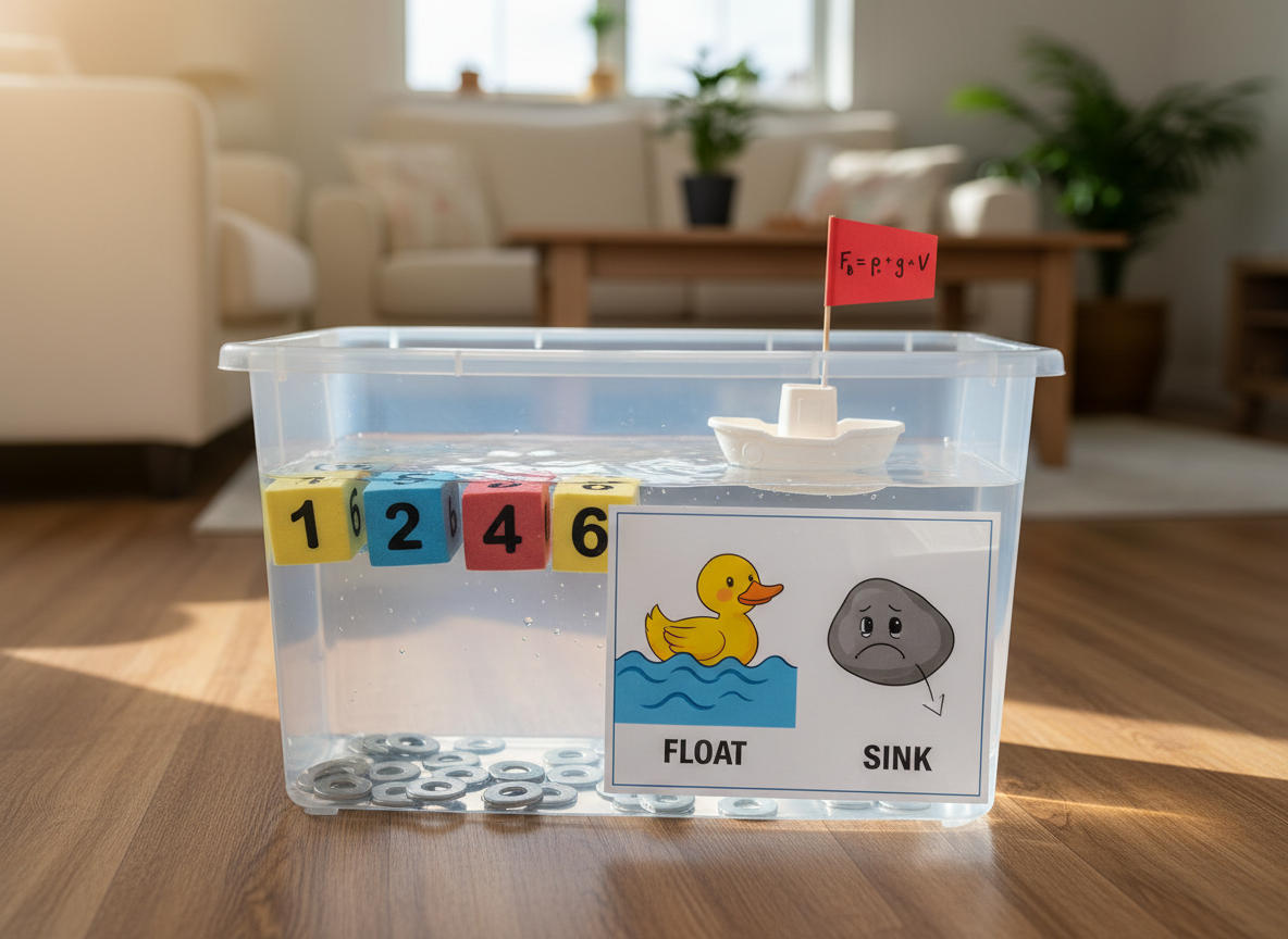 A large, transparent plastic bin on a smooth laminate floor, filled with water and floating STEM objects: foam cubes numbered with bold digits, a small plastic boat with a paper flag labeled with a simple formula, and metallic washers sinking to the bottom to illustrate density. A laminated chart with colorful icons explaining "sink or float" leans against the side of the bin. Natural afternoon light from a nearby window reflects off the water surface, creating sparkling highlights and soft ripples. Photographic realism, slightly elevated angle, moderate depth of field, playful and hands-on mood, with a tidy, neutral-toned living room softly blurred in the background to emphasize practical, at-home science exploration.