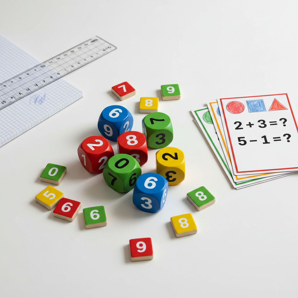 A close-up, overhead view of a smooth white tabletop arranged for a playful math game: colorful wooden dice, small numbered tiles in primary colors, and neatly stacked, thick cardstock game cards with simple illustrated shapes and equations. A clear plastic ruler and a spiral-bound notebook with graph paper lie diagonally across the frame. Soft diffused daylight from an unseen nearby window casts gentle, even light with minimal shadows, creating a calm yet energetic atmosphere. Photographic realism with sharp focus on the central math pieces and slight blur on the notebook edges, bright and cheerful color palette, clean and modern composition that feels organized, approachable, and ideal for family math play at home.