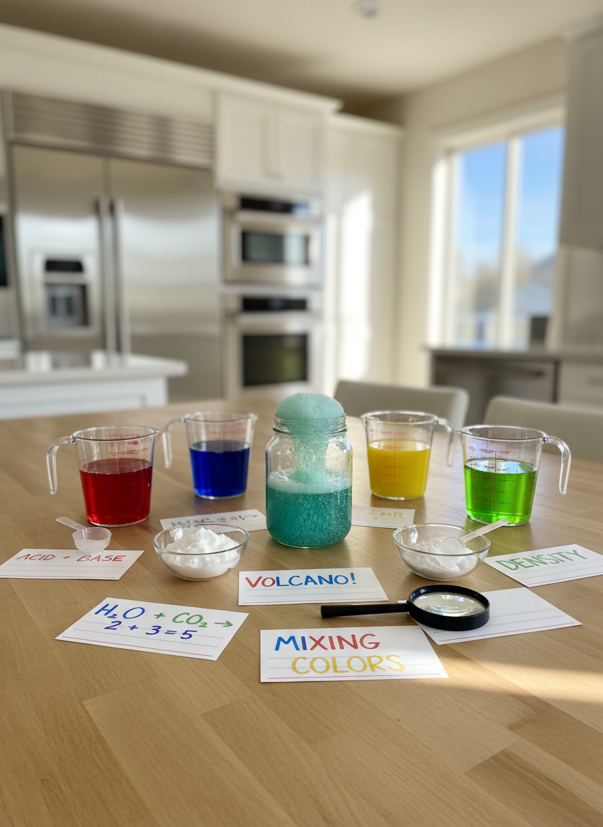 A bright wooden kitchen table covered with a neatly arranged STEM activity setup: transparent plastic measuring cups filled with vividly colored liquids, a clear glass jar mid-reaction with bubbly foam rising, and neatly labeled index cards showing simple math equations and science terms. In the background, a blurred view of a clean, modern kitchen with stainless steel appliances and a sunlit window. Soft morning natural light streams in from the side, creating gentle reflections on the glass and glossy table surface. Photographic realism, eye-level composition with shallow depth of field, playful and inviting mood, vibrant colors, and a clean, family-friendly aesthetic that emphasizes simple, practical at-home experiments without any people visible.